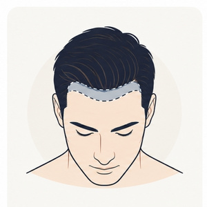 Simple illustration of a man’s head from the front with the frontal hairline highlighted to show a hair transplant treatment area