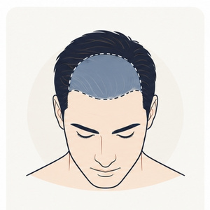 Simple illustration of a man’s head from the front with the area behind the hairline highlighted to show frontal thinning treatment