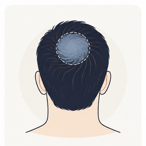 Simple illustration of the back of a man’s head with the crown area highlighted to show treatment for thinning at the vertex