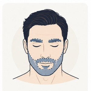 Simple illustration of a man’s face with the eyebrows and beard area highlighted to show facial hair transplantation options