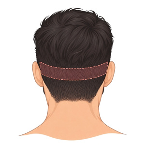 Simple illustration of the back of a head with a narrow donor strip area outlined across the lower scalp