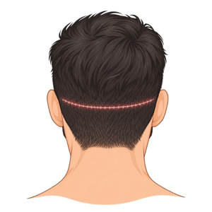 Simple illustration of the back of a head showing a closed donor area with a thin horizontal suture line