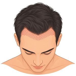 Simple illustration of the front of a head with small recipient-site markings across the hairline area